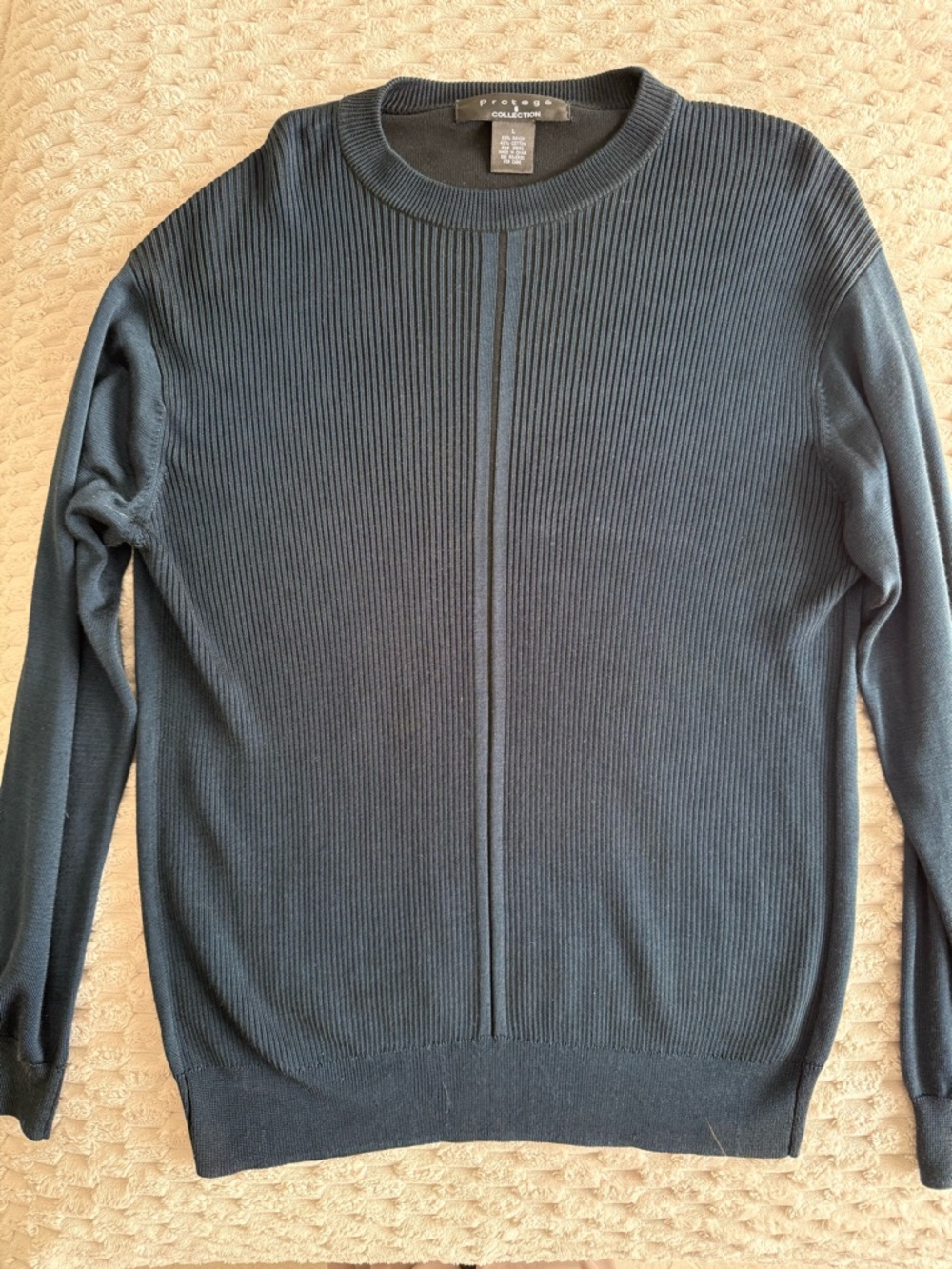 Protegé Collection Dark Navy Ribbed Center-Panel Crewneck Sweater